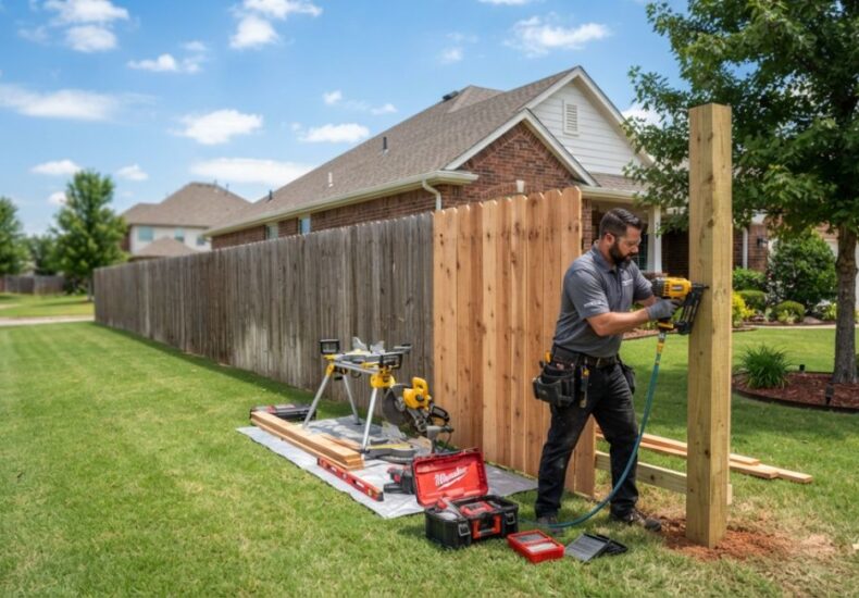 Expert fences repair Edmond OK showing a contractor restoring a wood privacy fence in a suburban neighborhood.